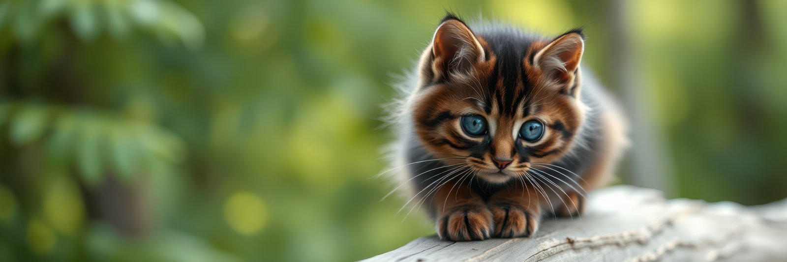 Curious kitten exploring a wooden log in a lush green outdoor setting
